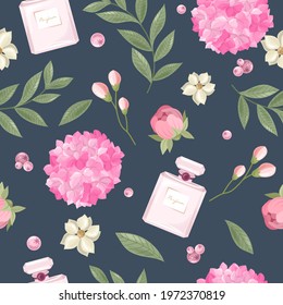 Seamless pattern with a Hydrangea, perfume, flower on a beautiful background. Vector illustration.
