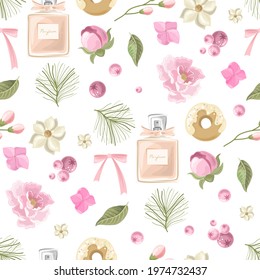 Seamless pattern with a Hydrangea, perfume, flower on a beautiful background. Vector illustration.