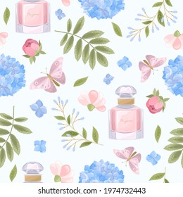 Seamless pattern with a Hydrangea, perfume, flower on a beautiful background. Vector illustration.