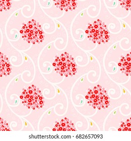 Seamless  pattern hydrangea with small flowers. Vector background pink and red floral branch