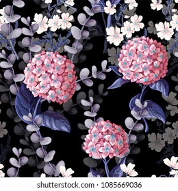 Seamless pattern with hydrangeas, cotton flowers and eucalyptus branches.