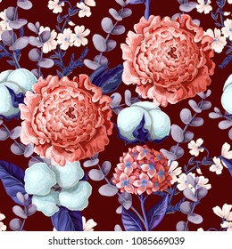 Seamless pattern with hydrangeas, cotton flowers and eucalyptus branches.