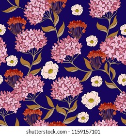 Seamless pattern with hydrangeas flowers. 