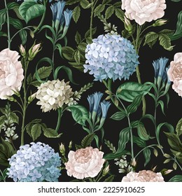 Seamless pattern with hydrangeas and roses. Vector