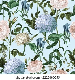 Seamless pattern with hydrangeas and roses. Vector