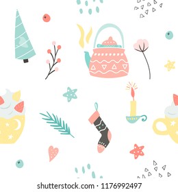 Seamless pattern with hygge elements in scandinavian style