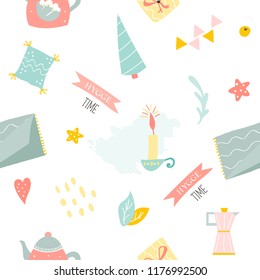 Seamless pattern with hygge elements in scandinavian style