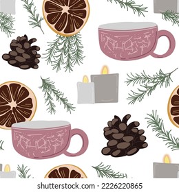 Seamless pattern with hygge hand drawn elements. Colored objects for cozy scandinavian design. Vector illustartion. LAgom