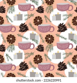 Seamless pattern with hygge hand drawn elements. Colored objects for cozy scandinavian design. Vector illustartion. Hygge, lagom