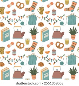 Seamless pattern with hygge mood things. Cute background with cozy items