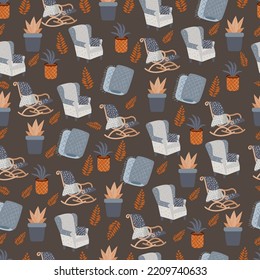 Seamless pattern in hygge style on a dark background. With elements of warmth and comfort. Armchair, plaid, home flowers in the colors of warmth and comfort. For textiles and packaging.