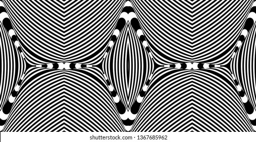 Seamless pattern with hypnotic trance texture. Abstract black and white striped background. Op art monochrome abstraction. Psychedelic trippy art.