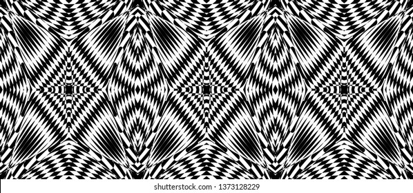 Seamless pattern with hypnotic trance texture. Black and white glitched background. Op art monochrome abstraction. Psychedelic trippy art.