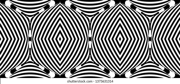 Seamless pattern with hypnotic trance texture. Abstract black and white striped background. Op art monochrome abstraction. Psychedelic trippy art.
