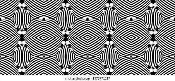 Seamless pattern with hypnotic trance texture. Abstract black and white striped background. Op art monochrome abstraction. Psychedelic trippy art.