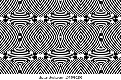 Seamless pattern with hypnotic trance texture. Abstract black and white striped background. Op art monochrome abstraction. Psychedelic trippy art.