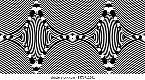 Seamless pattern with hypnotic trance texture. Abstract black and white striped background. Op art monochrome abstraction. Psychedelic trippy art.
