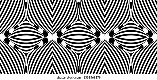 Seamless pattern with hypnotic trance texture. Abstract black and white striped background. Op art monochrome abstraction. Psychedelic trippy art.