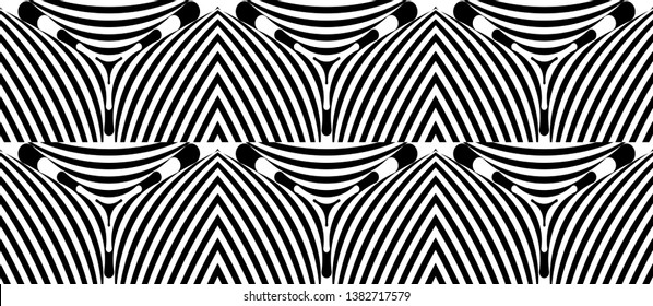 Seamless pattern with hypnotic trance texture. Abstract black and white striped background. Op art monochrome abstraction. Psychedelic trippy art.