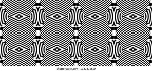 Seamless pattern with hypnotic trance texture. Abstract black and white striped background. Op art monochrome abstraction. Psychedelic trippy art.