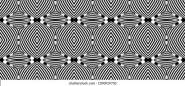 Seamless pattern with hypnotic trance texture. Abstract black and white striped background. Op art monochrome abstraction. Psychedelic trippy art.