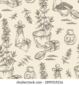 Nahtlose Muster mit Hyssopus officinalis: Blumen und Branntöl, Seife, Badesalz . Kosmetika und medizinische Anlagen. handgezeichnete Vektorgrafik