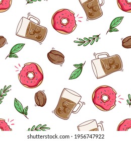 seamless pattern of ice coffee and donut with doodle style