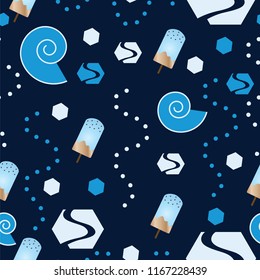 seamless pattern with ice cream and abstract shapes in blue and turquoise colors