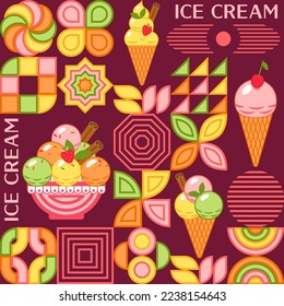 Seamless pattern with ice cream, abstract geometric shapes, text. Mosaic simple minimal style. For prints, clothing, surface design