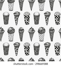 Seamless pattern with Ice cream. Art Ice cream. Ink pen, floral, doodle, tribal. Black and white background. Zentangle