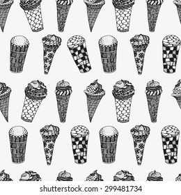 Seamless pattern with Ice cream. Art Ice cream. Ink pen, floral, doodle, tribal. Black and white background.