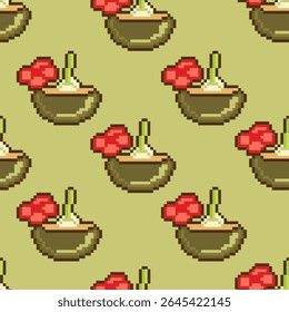 Seamless pattern with Ice cream ball in coconut. Pixel art, vector illustration.