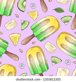 Seamless pattern ice cream banana lemon kiwi. Hand drawing vector illustration