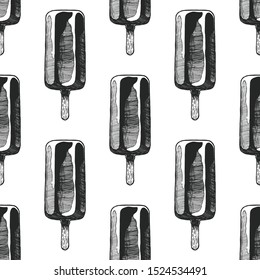 Seamless pattern with ice cream bar in vintage engraved style. On white background.  