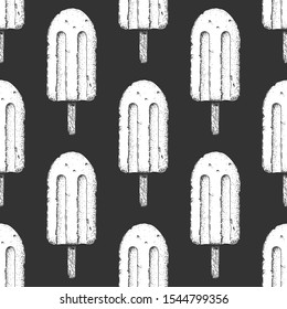 Seamless pattern with ice cream bar in vintage engraved style. On black background.