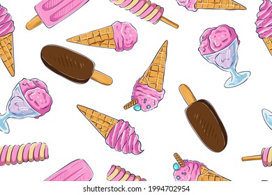 Seamless pattern of ice cream and berries, color, vector