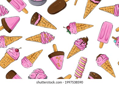 Seamless pattern of ice cream and berries, color, vector
