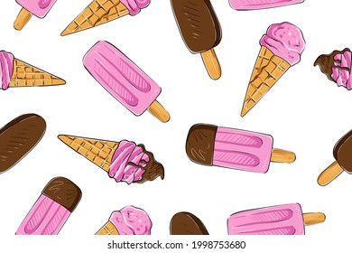 Seamless pattern of ice cream and berries, color, vector