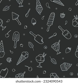 Seamless pattern Ice cream and berries set of doodle icons. Vector illustration of summer desserts popsicles, ice cream in waffle cones, strawberry cherry raspberry mint blueberry.