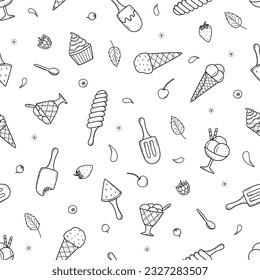 Seamless pattern Ice cream and berries set of doodle icons. Vector illustration of summer desserts popsicles, ice cream in waffle cones, strawberry cherry raspberry mint blueberry.