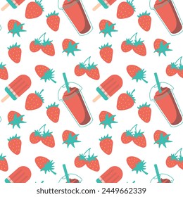 seamless pattern with ice cream and berries. Retro groovy print for fabric, paper, T-shirt. Aesthetic vector background for decor and design.