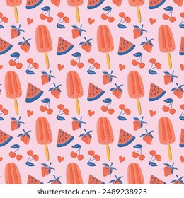 Seamless pattern with ice cream and berries on pink backdrop. Fresh juicy Summer food background. Vegan popsicle on stick. Hand drawn flat design vector illustration.
