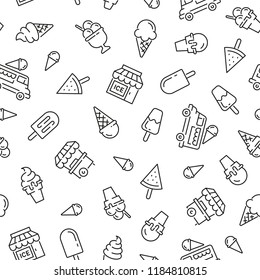 Seamless pattern with Ice cream. Black and white thin line icons