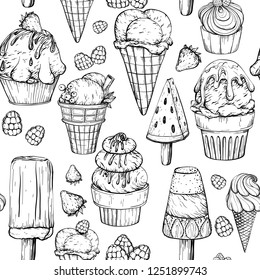 Seamless pattern with ice cream. Black and white. Vector illustration