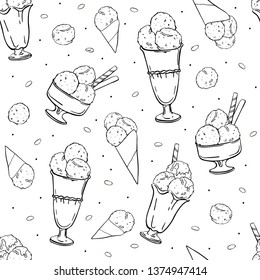 Seamless pattern ice cream black outline