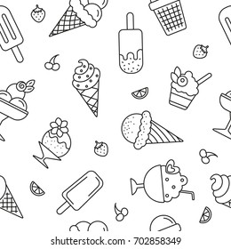 Seamless pattern with Ice cream, black and white icons