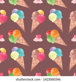 Seamless pattern with ice cream. Bright balls of ice cream in a waffle cone. Summer colorful background. Vector illustration.