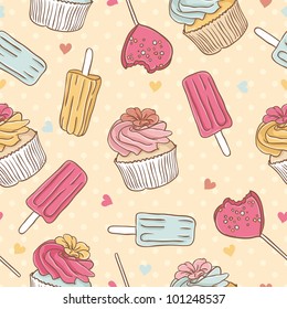 Seamless pattern with ice cream and cake