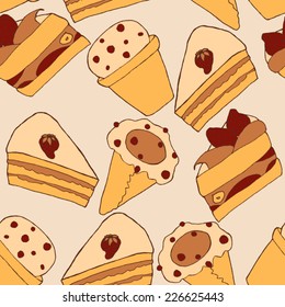 Seamless pattern: ice cream and cake pieces in soft cream colors