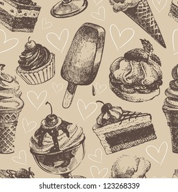 Seamless pattern with ice cream and cakes